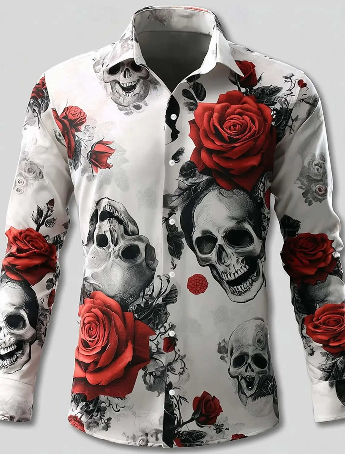 3D Print Skull Rose Graphic Men's Shirts Gothic Style Long Sleeve Lapel Button Tops Halloween Theme Party Custom Clothes For Men