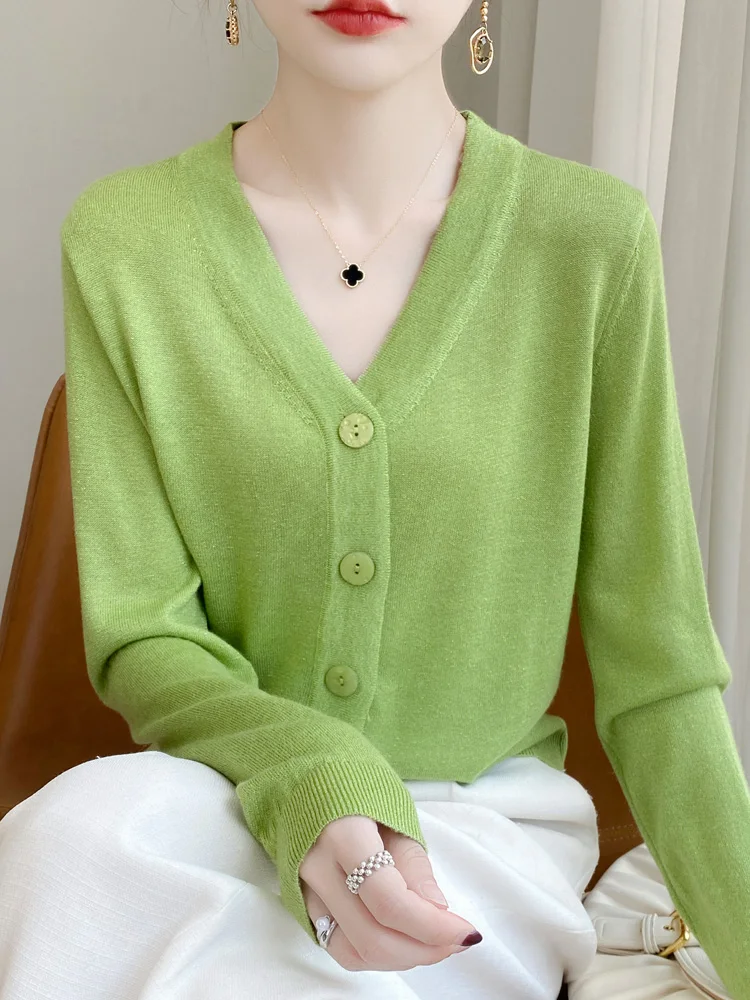 Fashion Bright Silk New Arrivals T-shirt Worsted Wool Women's Cardigans V-Neck Pullovers Knitted Jumpers Lady Clothes Outerwears