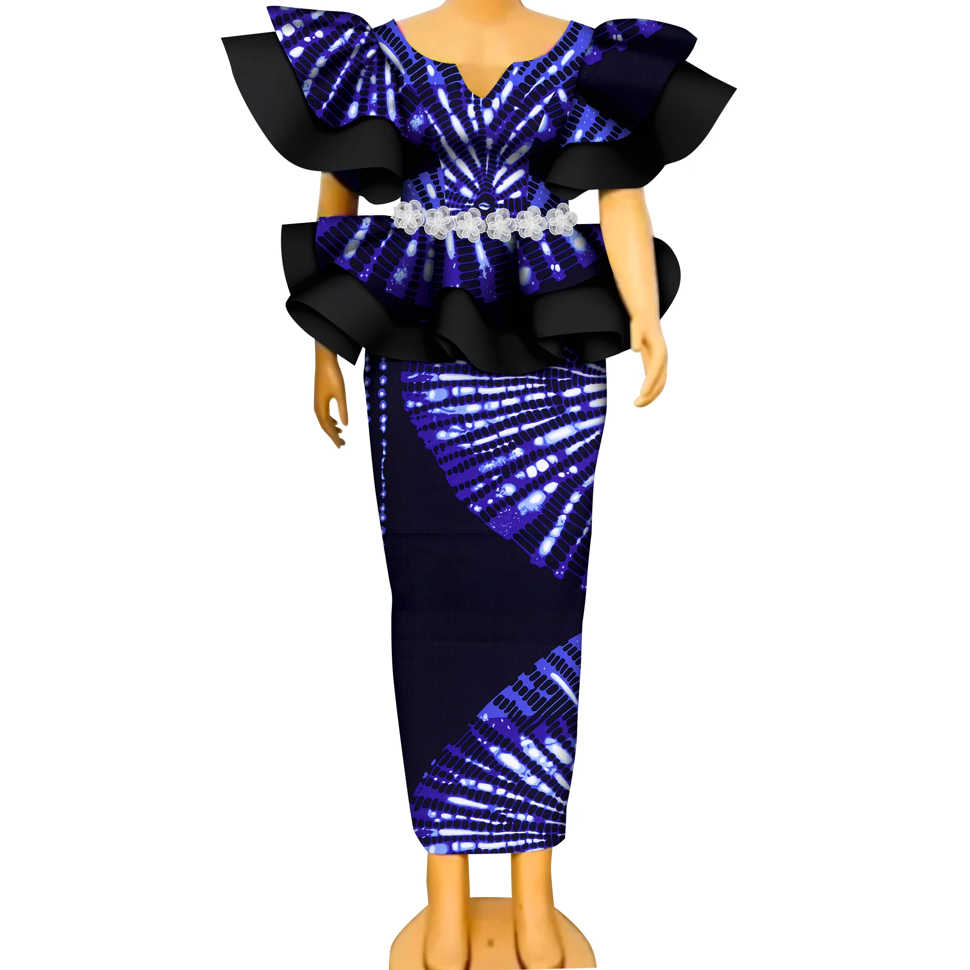 

African Women 2pcs Suits Set Party Clothing Dashiki Women Skirt Set Wax Print Patchwork Ankara Short Sleeve Top Skirt Set Kg1320