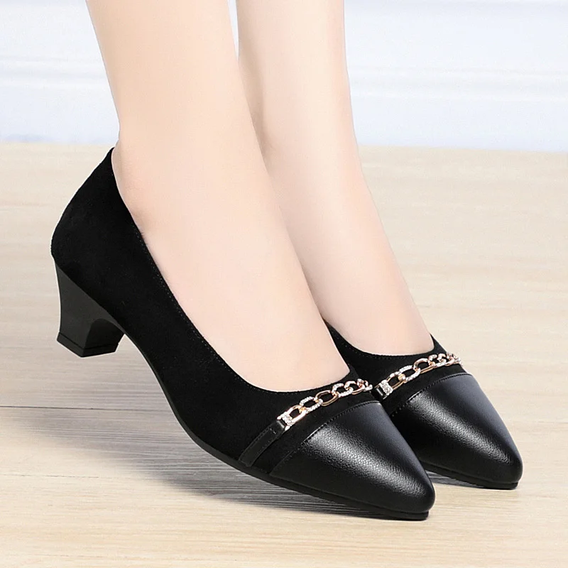 

Spring Female Fashion Shallow Mouth Soft Bottom Single Shoes Sweet Low Heel Pumps Solid Black Office Soft Leather Shoes