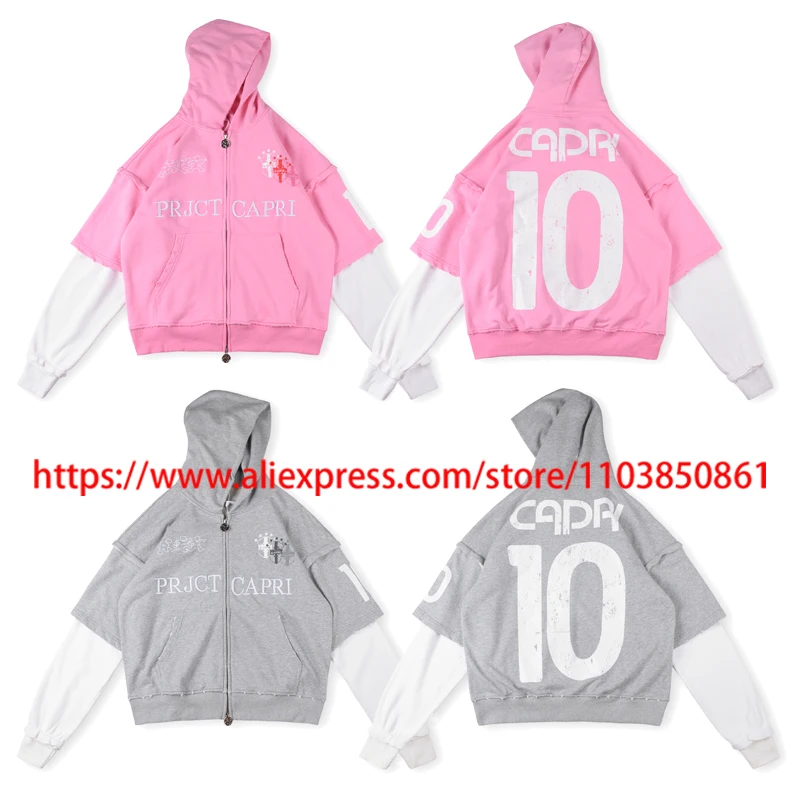 

25SS Project Capri Hoodie Casual Letter Embroidery Print Fake Two-piece Set Zipper Cardigan Cactus Jack Hooded Sweatshirt