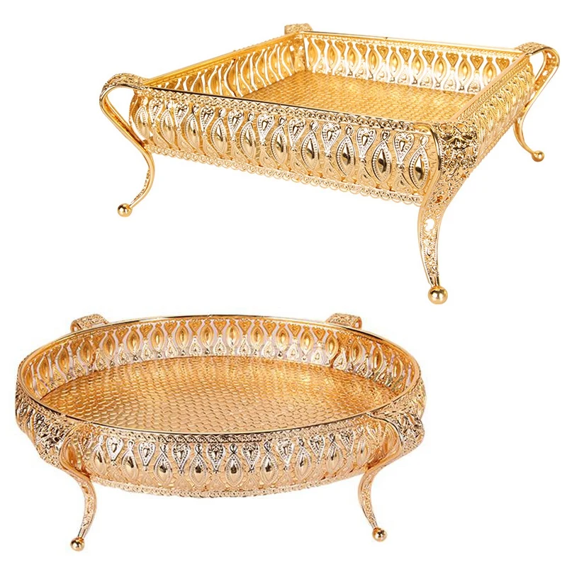 

2 Pc Metal Tray Round And Square Storage Box Multi-Functional Tray To Store The Jewelry Tray Or Fruit Tray