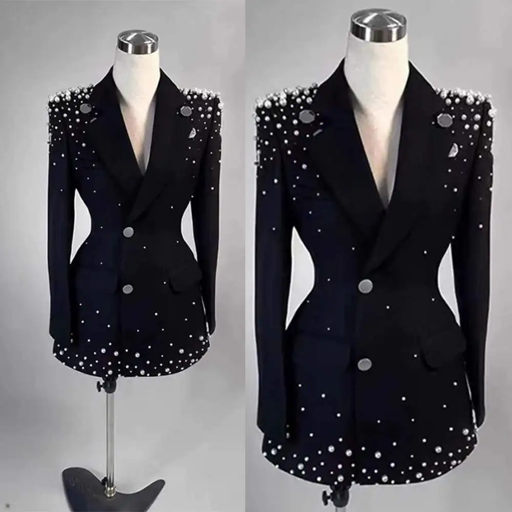 Fashion Pearls Women Jacket Custom Made Notched Lapel Single Breasted Blazer 1 Piece Slim Fit Full Sleeve Party Dress