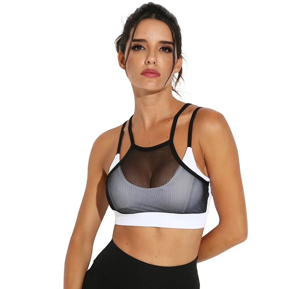 Sports Top Woman Gym with Chest Pads Mesh Black and White Sports Bra Yoga Gym Fitness Push-up Bras Active Wear Sporty Woman Top