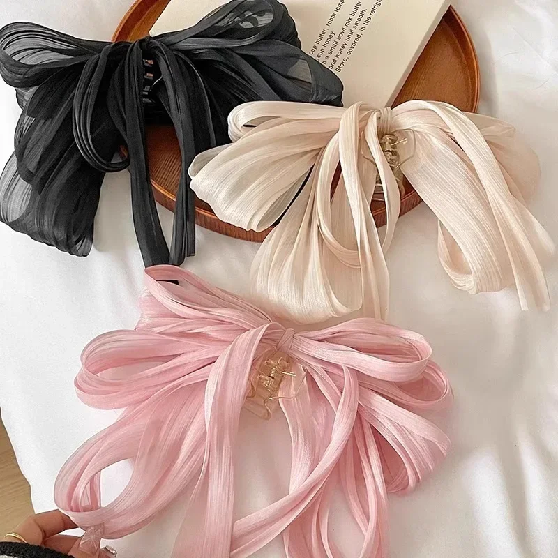 Bow Ribbon Hair Claw Women Bowknot Elegant Barrettes Girls Solid Color Sweet Ponytail Clip Headband Hair Accessories Headwear