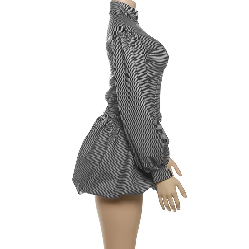 캐주얼 스트라이프 2피스 세트 여성 가을 신상 지퍼 가디건 긴팔 자켓+러칭 미니스커트 스트릿웨어