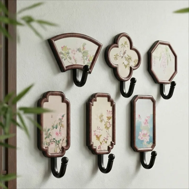 Walnut wood hanging, Chinese style, no trace, no punching, strong entrance, clothing, wall, bathroom, adhesive hook