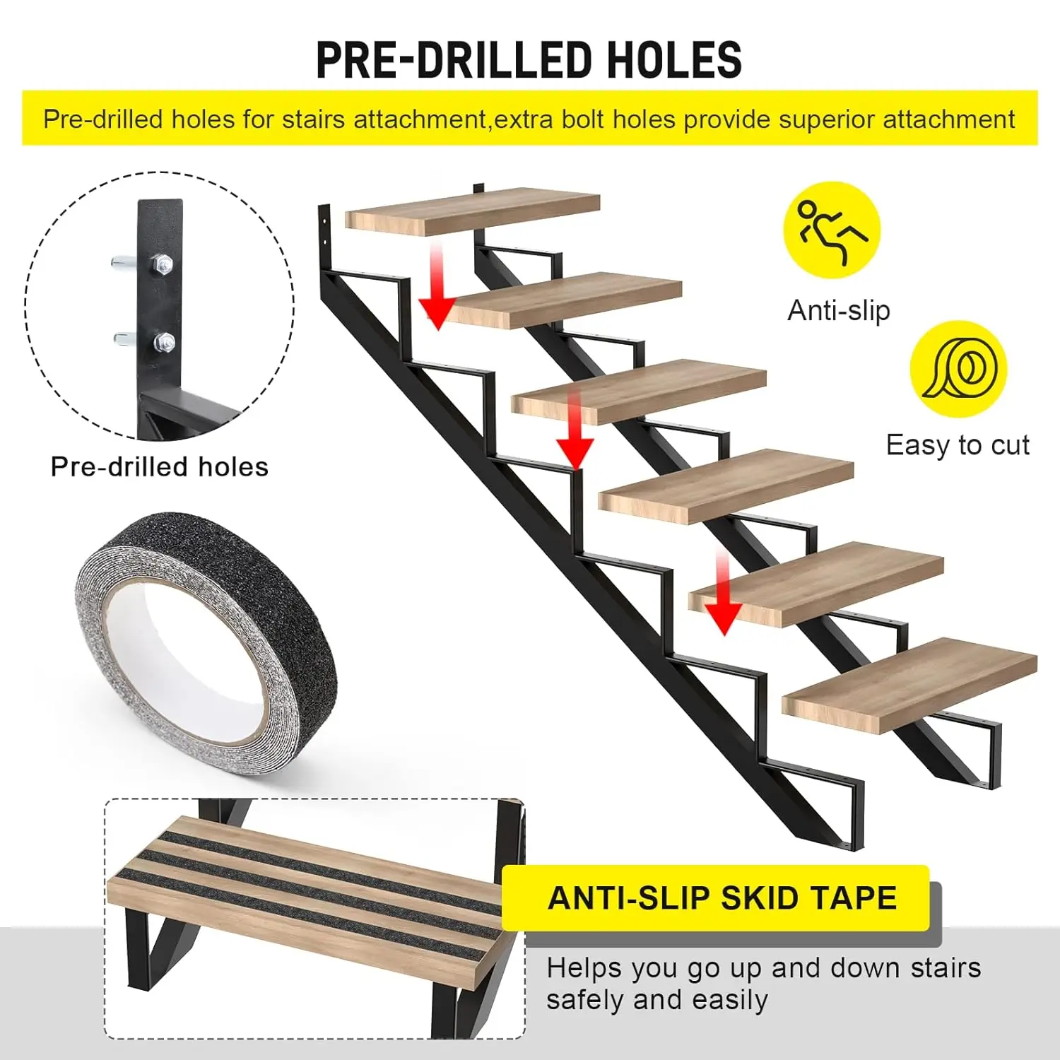 Steel Stair Step Riser 6 Step for Deck Height 49.4 Inches Metal Stair Stringer Step Stringer Support Connector Frame Bracket