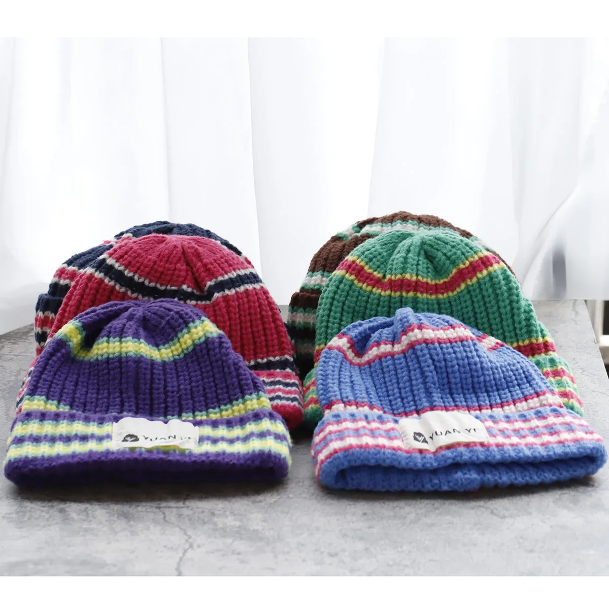 New winter hat Vintage Knitted Hat Rainbow Stripe Hat Big caps Knitted hat skiing cap Big hat wool y2k warm hat Thick gentle hat