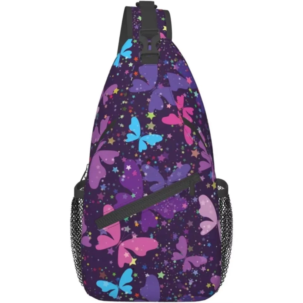 Bright Fantasy Purple Butterfly Starry Sky Sling Backpack Crossbody Sling Bag Travel Chest Daypack Hiking Shoulder Bag for Adult