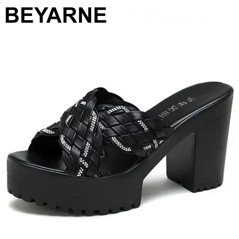 

Chunky Heel 10cm Fish Mouth Slippers Female Summer Sandals Rhinestone Open-toe Slippers Fashion Thick Heel Woven Women