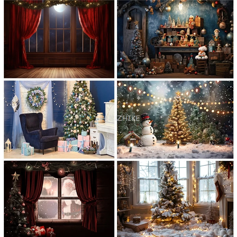 

Christmas Day Photography Backdrops Prop Fireplace Window Winter Xmas Tree Decoration Flower Garland Wood Door Background JU-10