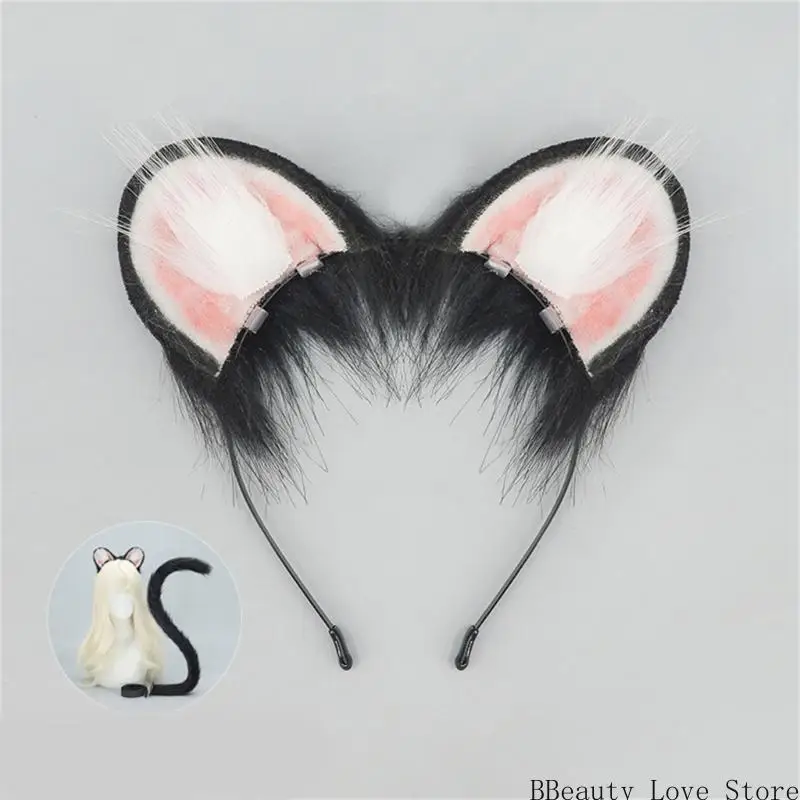 Orelhas mouse e cauda na orelha peluda da cabeça com trajes cosplay Halloween cauda