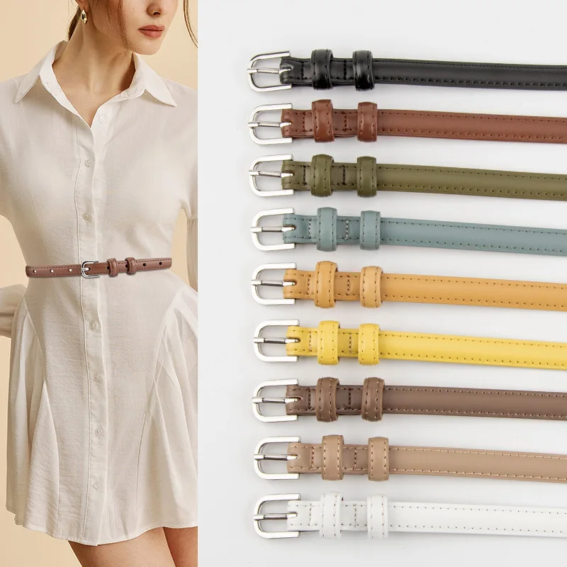 

Korean style genuine leather women's thin belt, cowhide alloy pin buckle retro simple