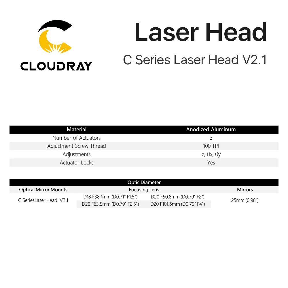 Cloudray-cabezal láser Serie C CO2, Dia.18, FL38.1, Dia.20, FL50.8/63,5/101,6mm, montaje para máquina cortadora de grabado láser (negro)