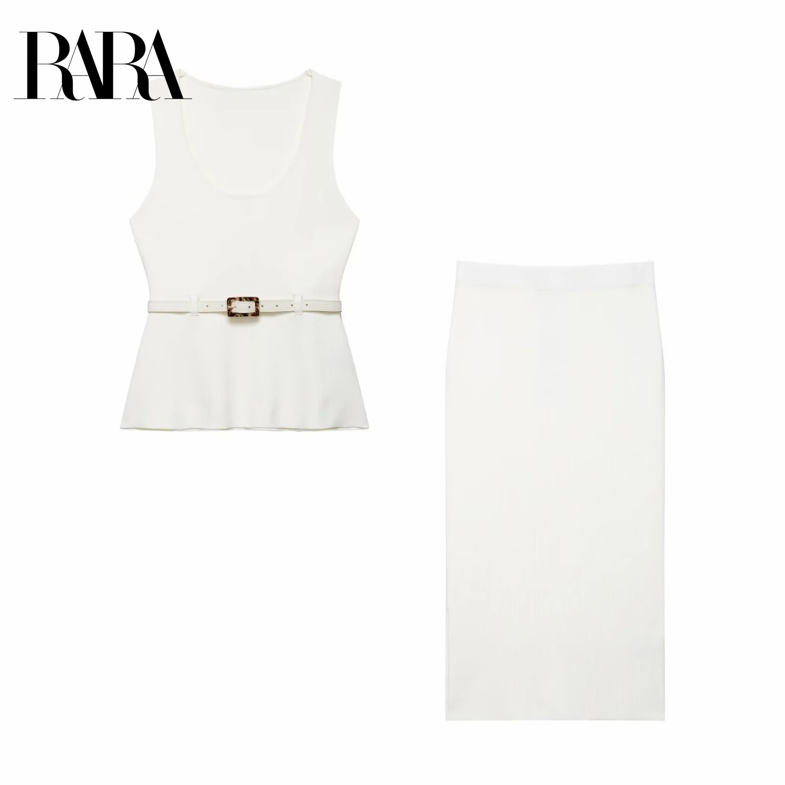 

RARA2025 Women's Summer New Belted Crew Neck Sleeveless Knit Elegant Tank Top and Graceful Mid Length Straight Knit Skirt
