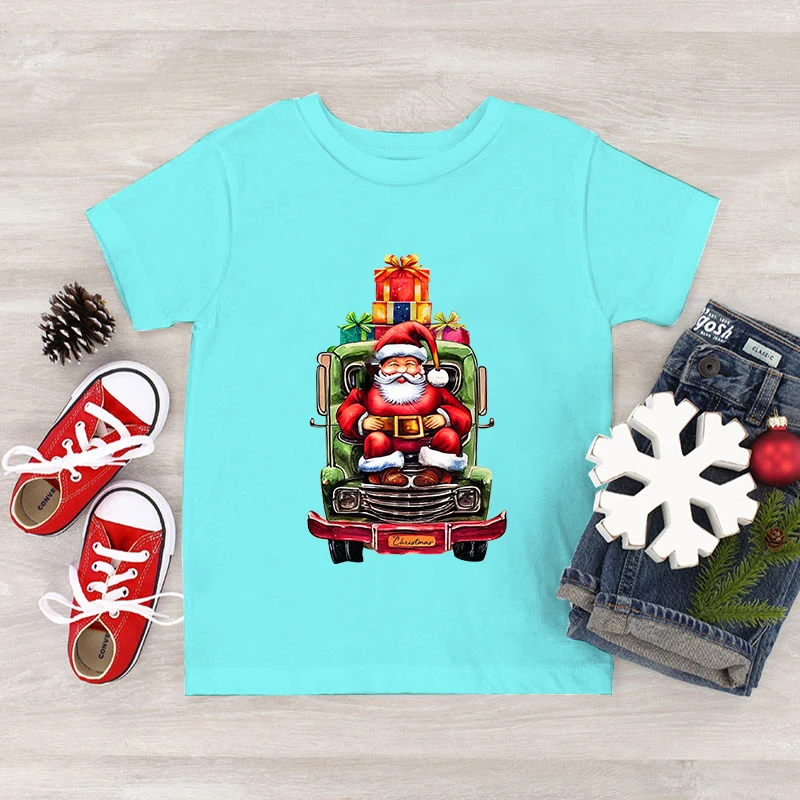 Santa Claus Truck Christmas Gift Print Kids T-shirt Fashion Short Sleeve Clothing Christmas Party Boys Girls Cartoon Xmas Tshirt