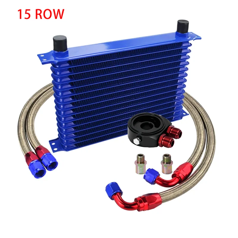 

Universal 15 Rows Oil Cooler Kit + Oil Filter Sandwich Adapter +Stainless Steel Braided Oil Hose AN10 Hose End Fittings BLUE