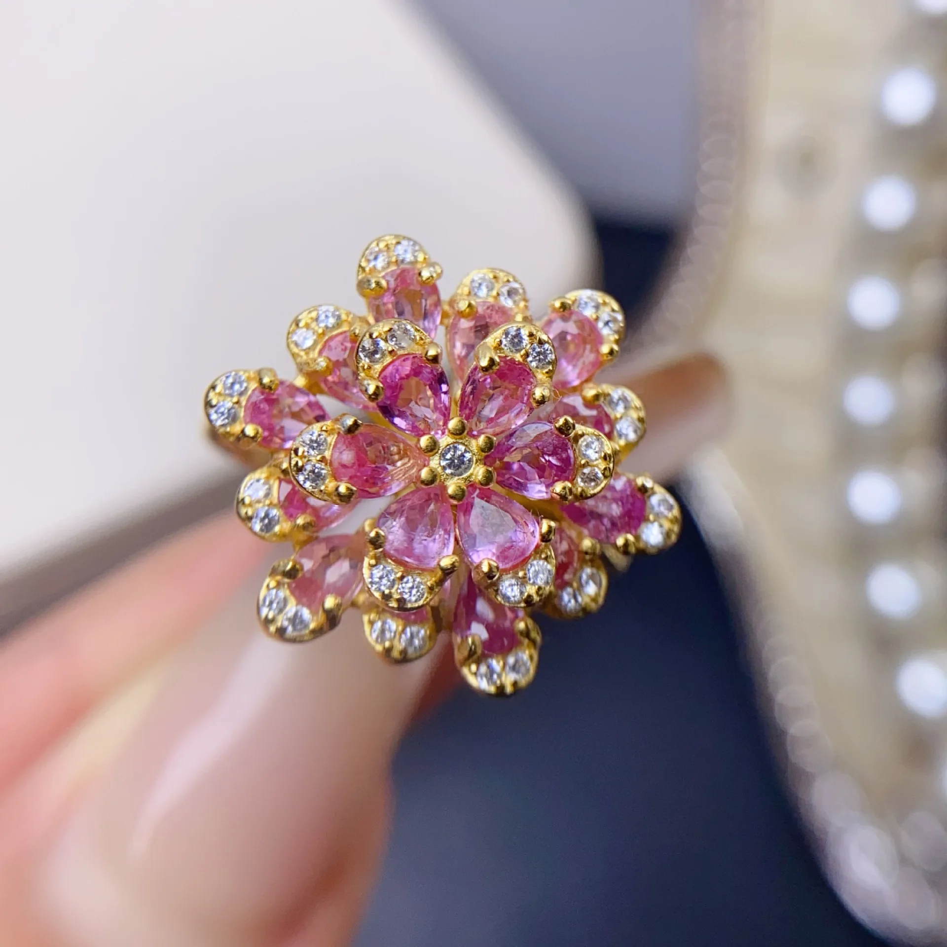 

S925 Sterling Silver Natural Padparadscha Sapphire Ring & Necklace Set - 3*4mm Adjustable Ring Gemstone Jewelry