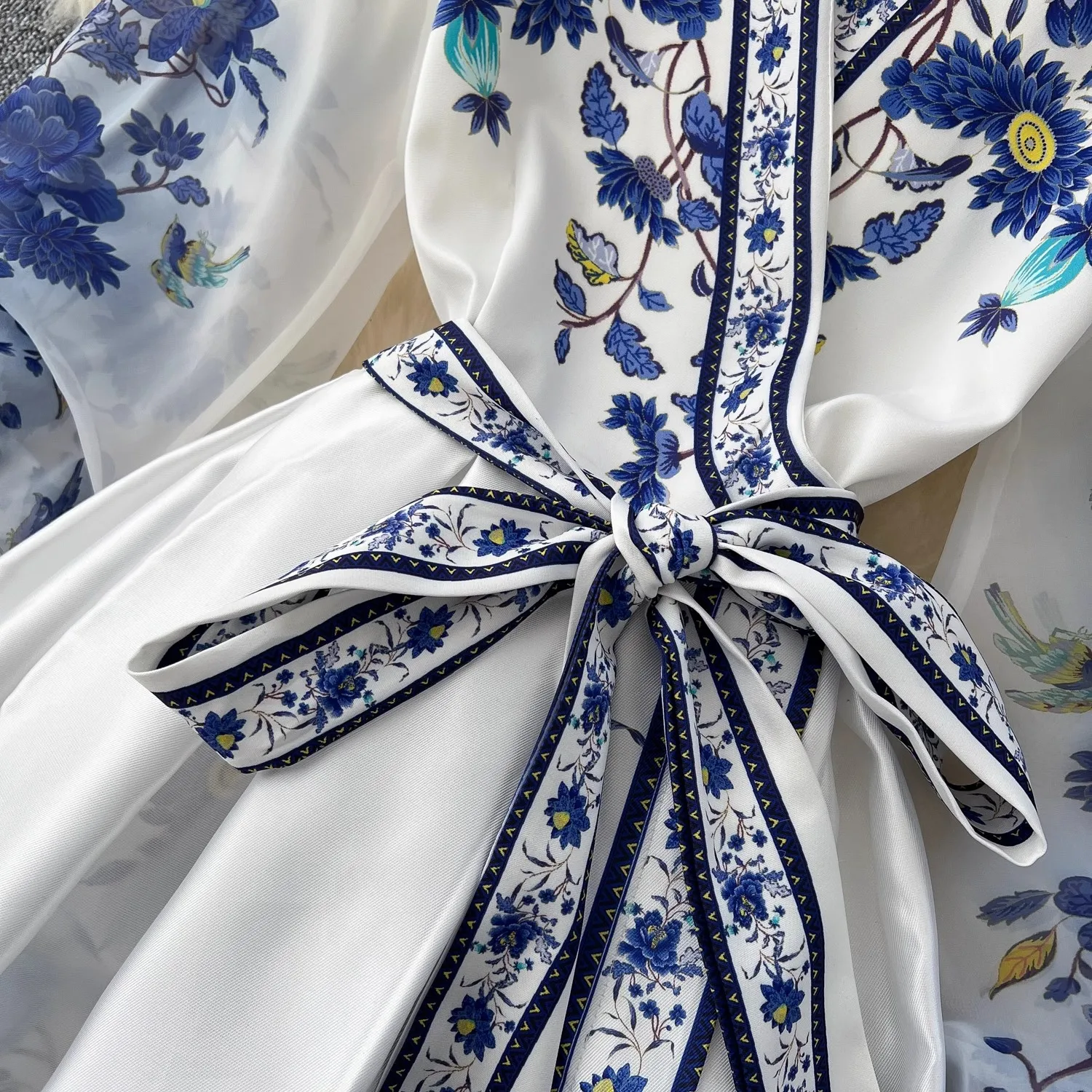 Spring Bohemian Long Dresses Holiday Women Puff Sleeve Cross V Neck Flower Print Bandage Lace Up Robe Vestidos Female Clothes