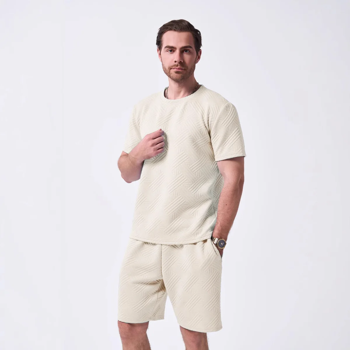 Summer Men's New Knitted Jacquard Solid Color Round Neck Short-sleeved Casual T-shirt Shorts Set