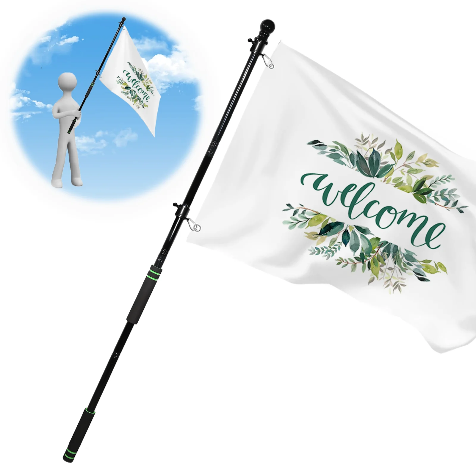 Handheld Flagpole 185.5cm Suitable for Outdoor 3x5 Flags , Handheld Black Flag Kit for Outdoor Porch Residential Decoration