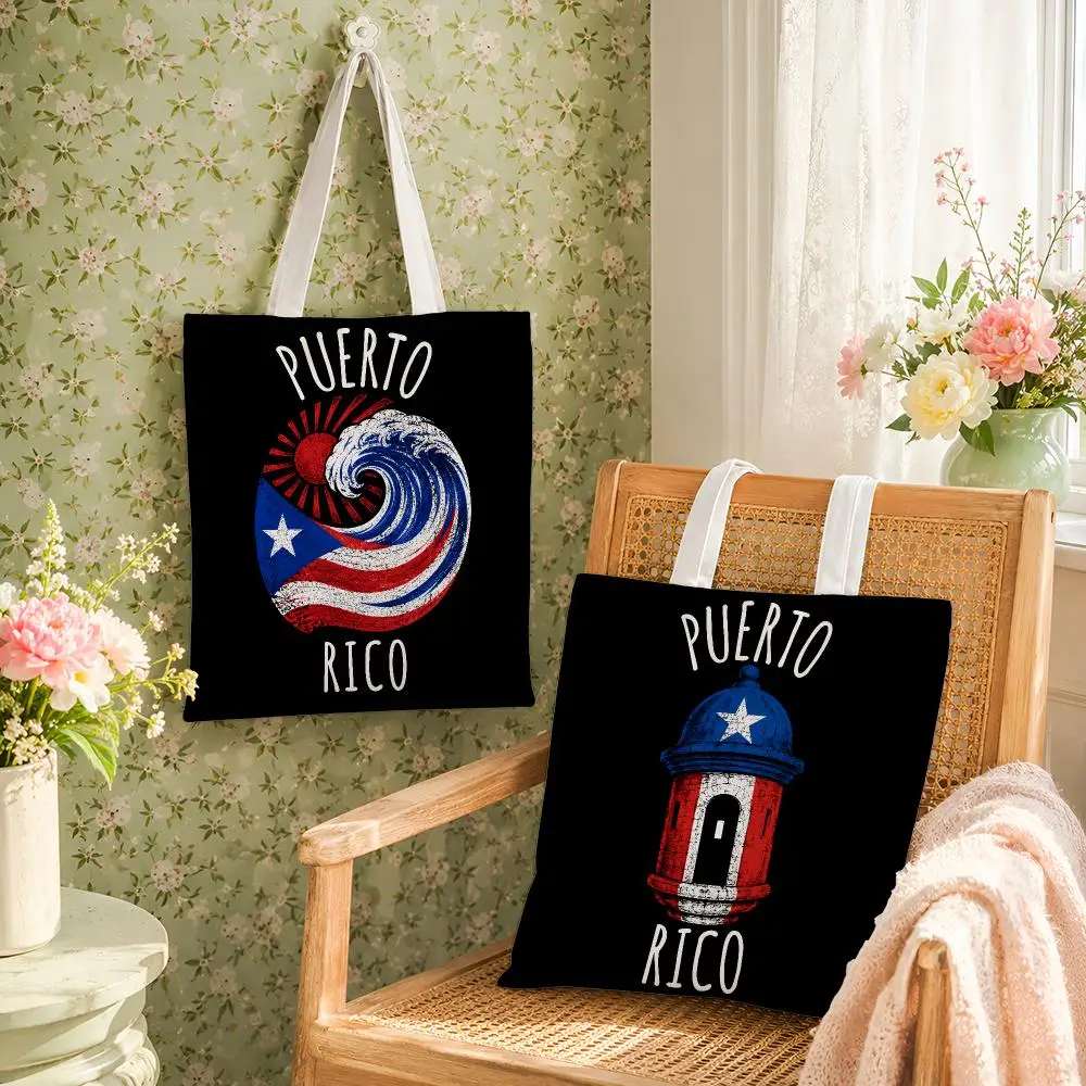 Vintage Puerto Rico Island Pride Storage Bags Reusable Canvas Tote Large Capacity Shoulder Carry For Shopping Travel Work School