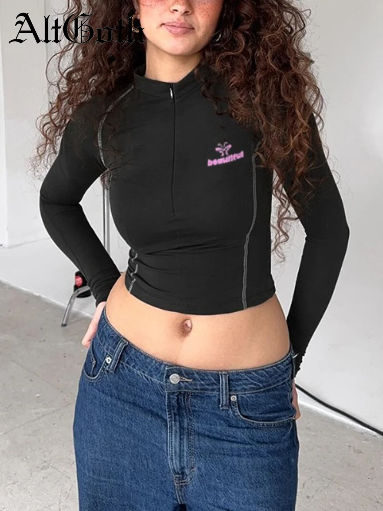 

AltGoth Streetwear Basic T-shirt Women Dark Gothic Grunge Long Sleeve O-neck Crop Tee Tops Aesthetic Letters Printed Rave Outfit