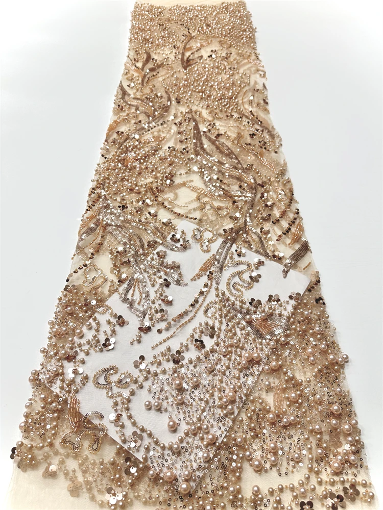 

2024 Роскошная африканская кружевная ткань, 5 ярдов, кружевная тюль с бисером, кружевная ткань, вышитая нигерийская ткань для шитья свадебного платья