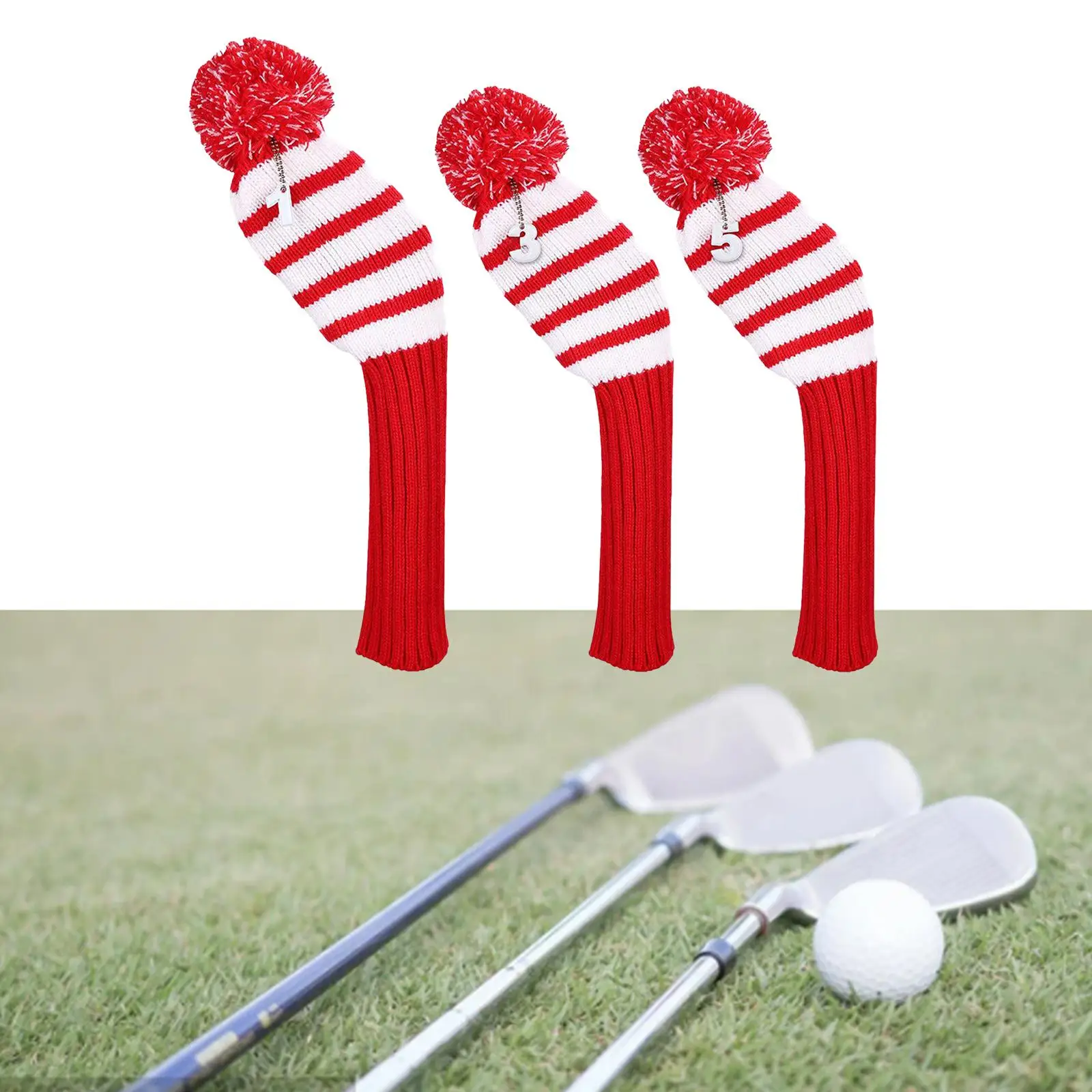 3x Knit Golf Wood Head Covers Set Pompom Soft Long Neck No. 1 3 5 with Number