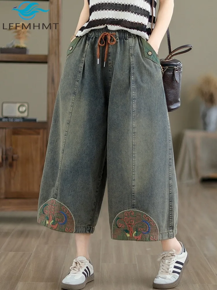 

Indian Folk Style Vintage Embroidery Ankle Length Denim Pants for Women Spring Summer Fashion Elastic Waist Loose Casual Jeans