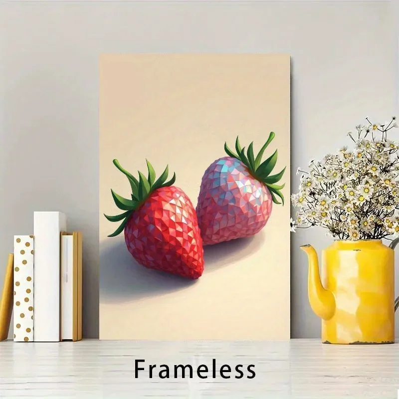 2026--Canvas Painting Frameless Canvas Strawberry Wall Art - Modern Minimalist Kitchen Decor with Red Berries, Beige Background
