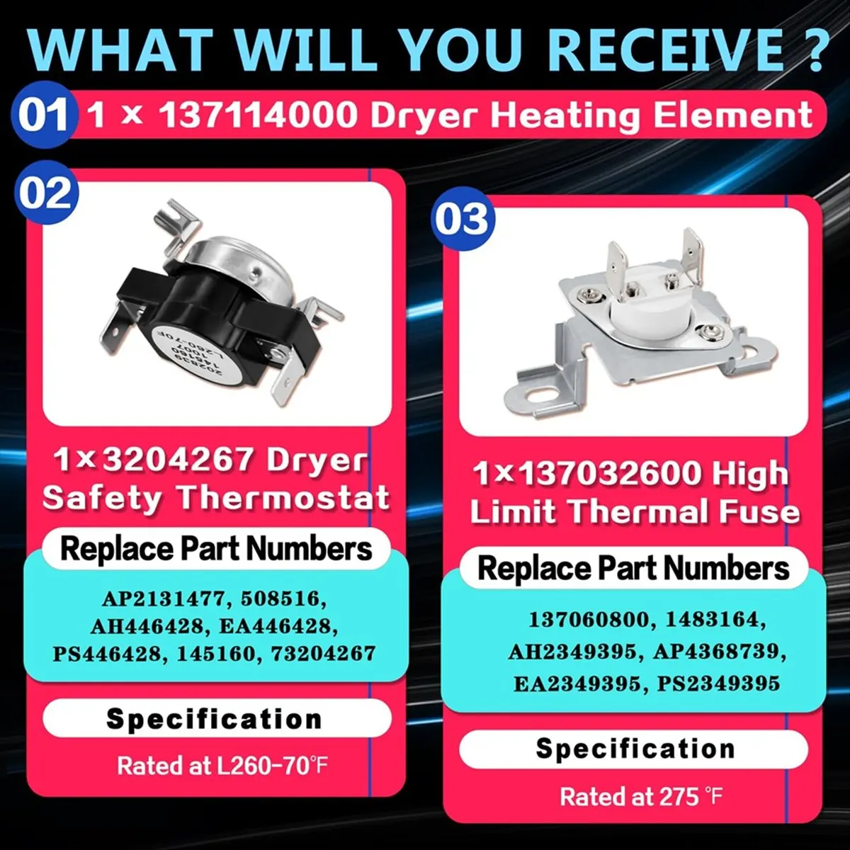 Dryer Heating Element Fit for Frigi-Daire FAQE7001LW0 FAQE7111LW1 FAQE7011LB0 FAQE7011LW0 FAQE7021LW0 FAQE7011KW0,
