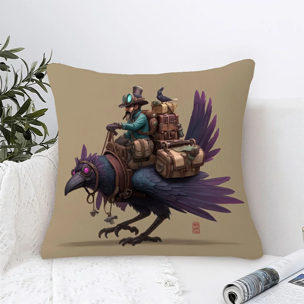 Steampunk Raven Courier Pillow Cover Adventurer on Giant Crow Art Print 18x18 Inch Square Fantasy Illustration Decor