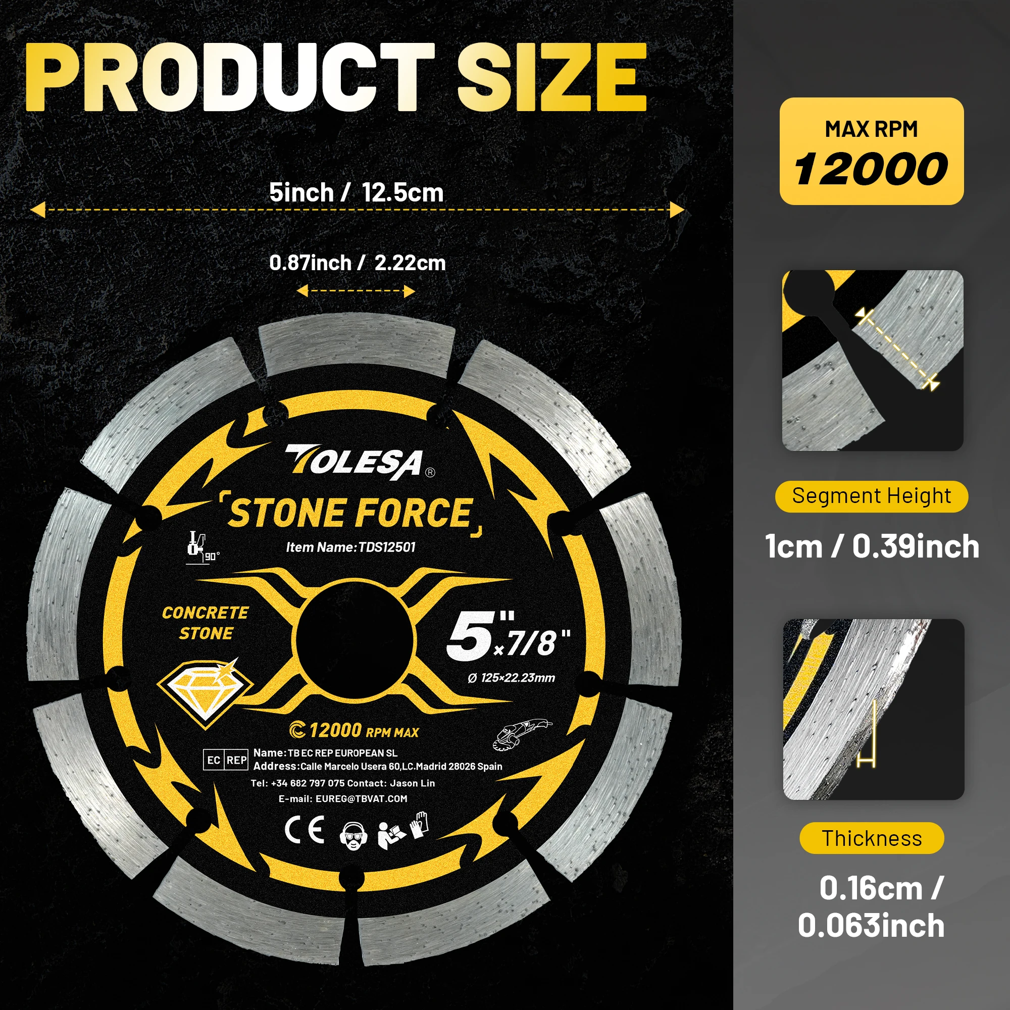 TOLESA 1PC 115mm/125mm Segmented Diamond Blade Diamond Cutting Wheel with Adapter Ring Stone Blade for Masonry, Concrete, Brick