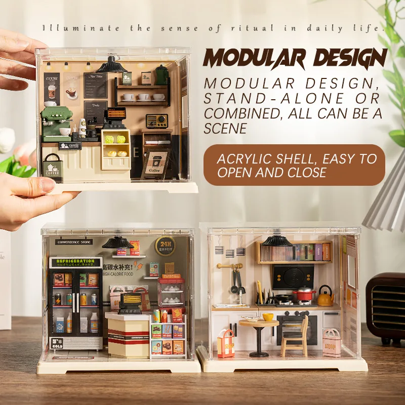 Diy handwork montar miniaturas cena casa loja modelo com luzes acrílico à prova de poeira escudo criativo crianças brinquedos presentes de natal