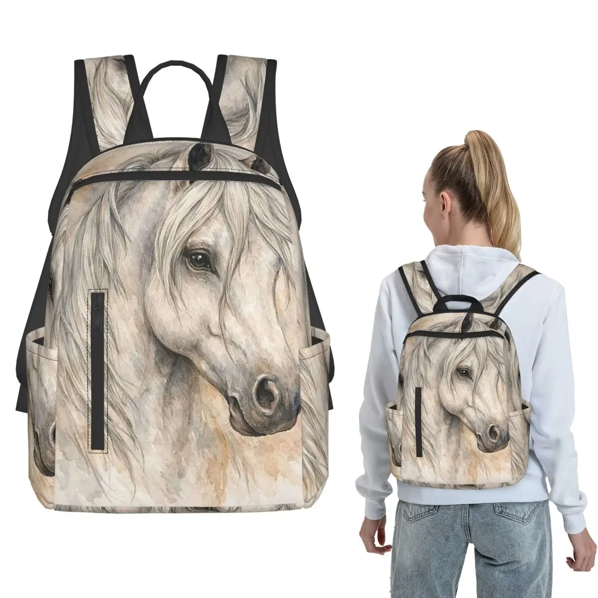 Animal White Horse Painting Art Backpack Daypack Children BookBag School Bag Shoulder Bags for Men Women