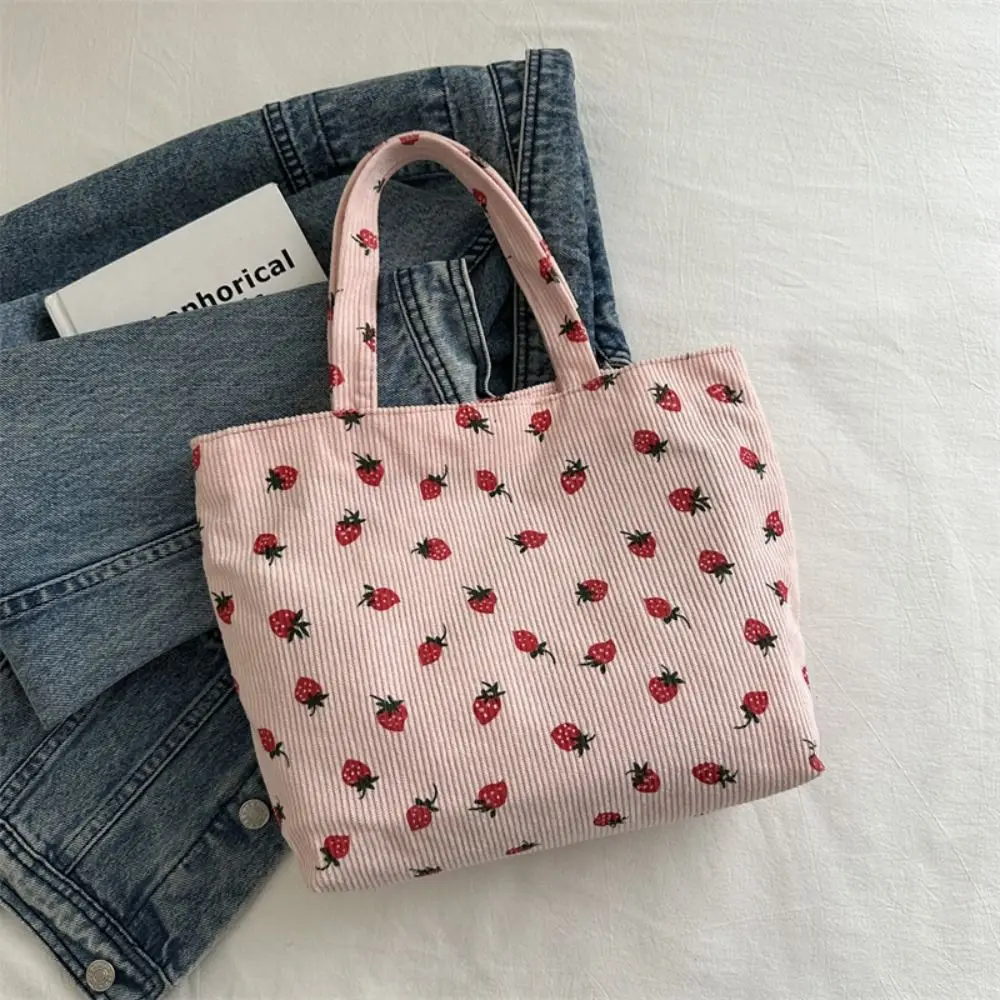 Large Capacity Strawberry Tote Bag Korean Style Printing Women Shoulder Bag Underarm Bag Shopping Bag Corduroy Handbag Shopping