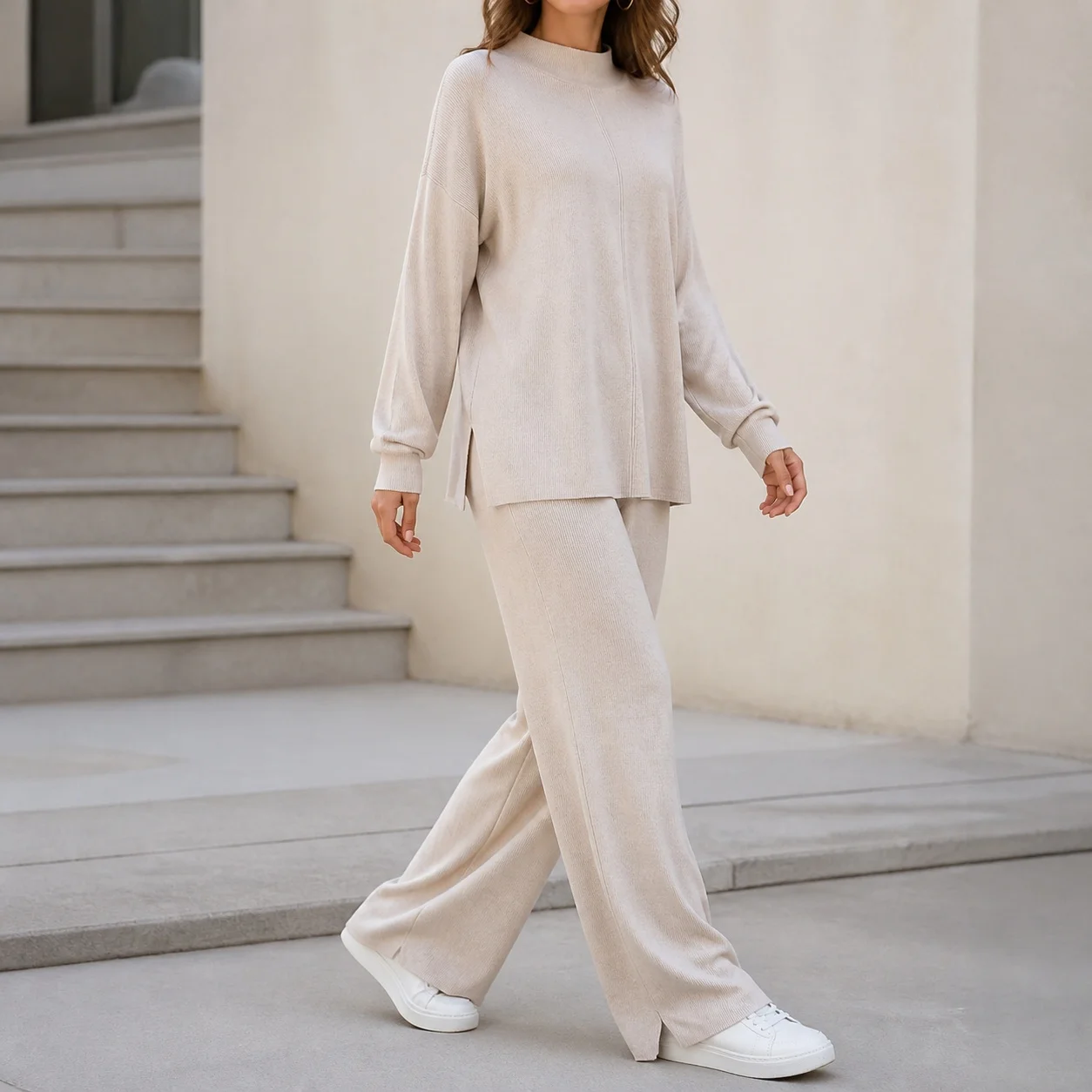 Casual Side Slit Set Full Length European and American Style with Sweater Top Regular Sleeve Spring Elegant Women Winter Set