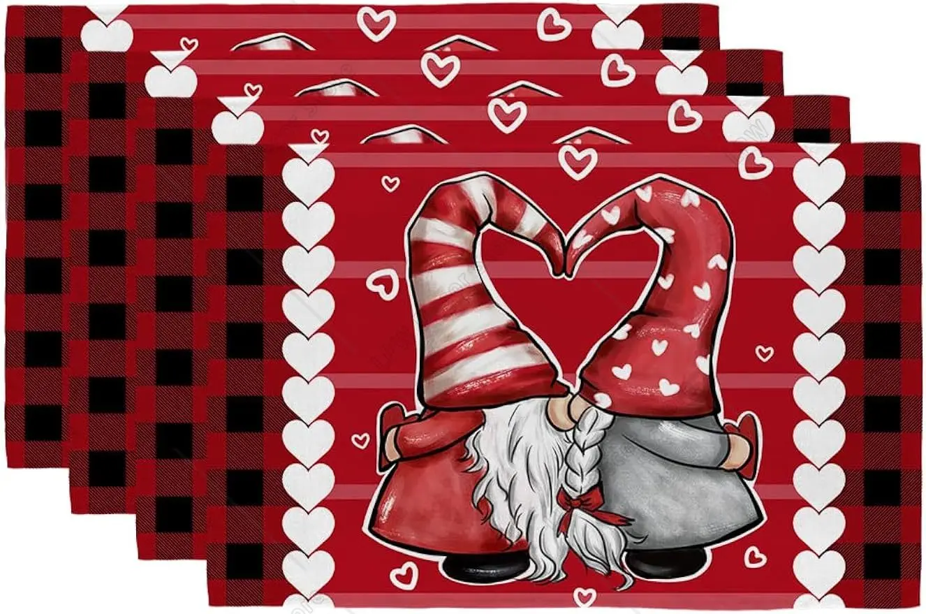 

Valentine's Day Placemats Red Hearts Gnomes Striped Farmhouse Holiday Kitchen Dining Table Decoration for Indoor Outdoor Dinner