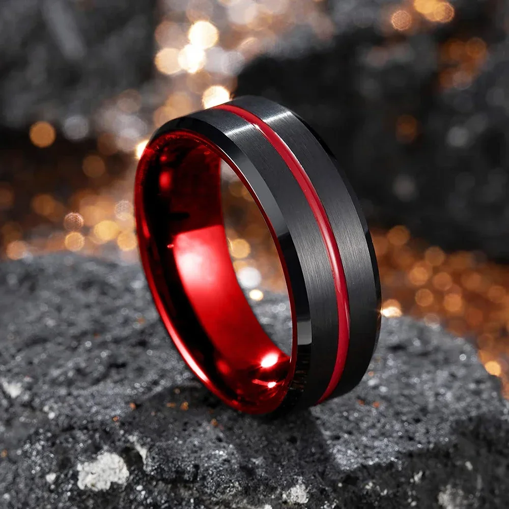 2021 Classic 8mm Men's Red Groove Beveled Edge Black Tungsten Men Wedding Rings Black Brushed Male Bridal Engagement Ring