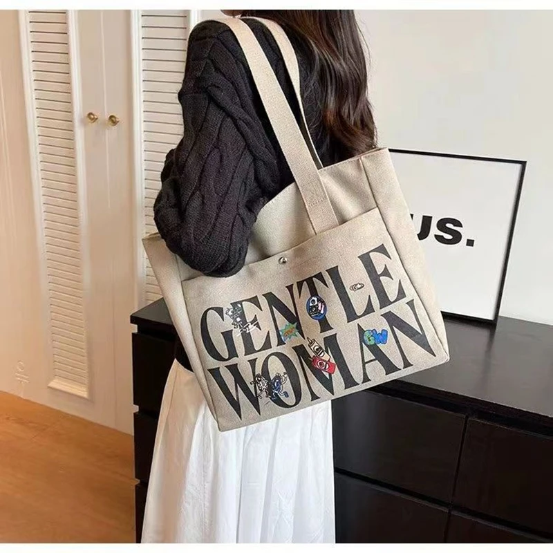 Letter Canvas Shoulder Bag for Women Big Shopper Tote Bags with Zipper Female Handbag