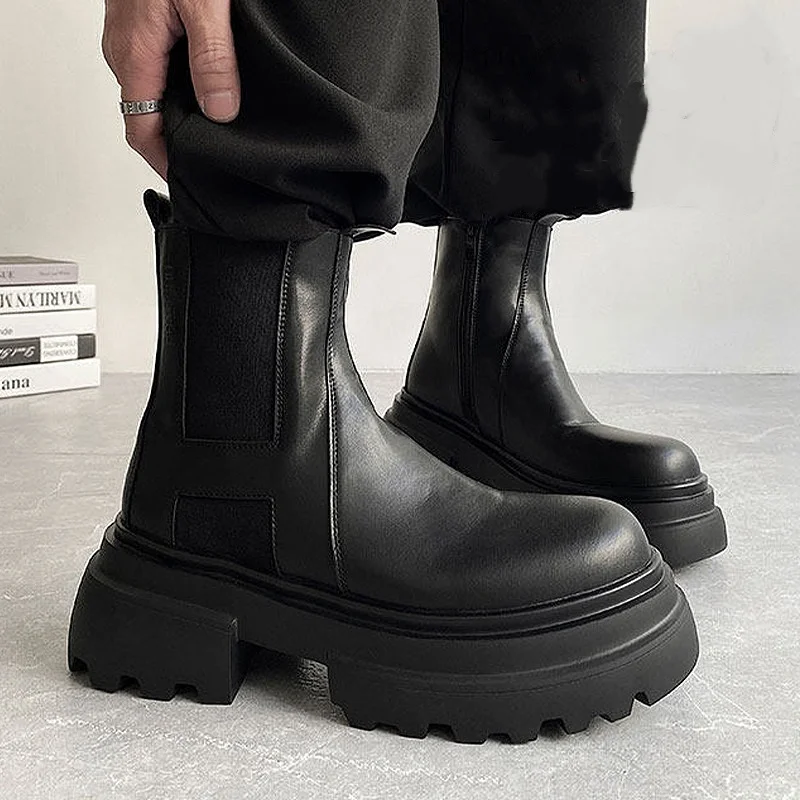 big size mens boots slip-on natural leather shoes cowboy spring autumn platform boot punk stage designer chelsea ankle botas man