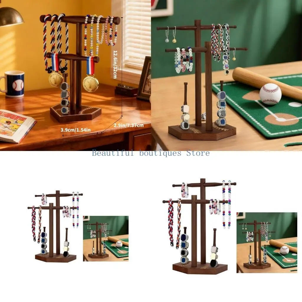 

U4LF Wooden Display Stand for Baseball Softball Championship Rings and Necklaces Storage Rack with Stable Base