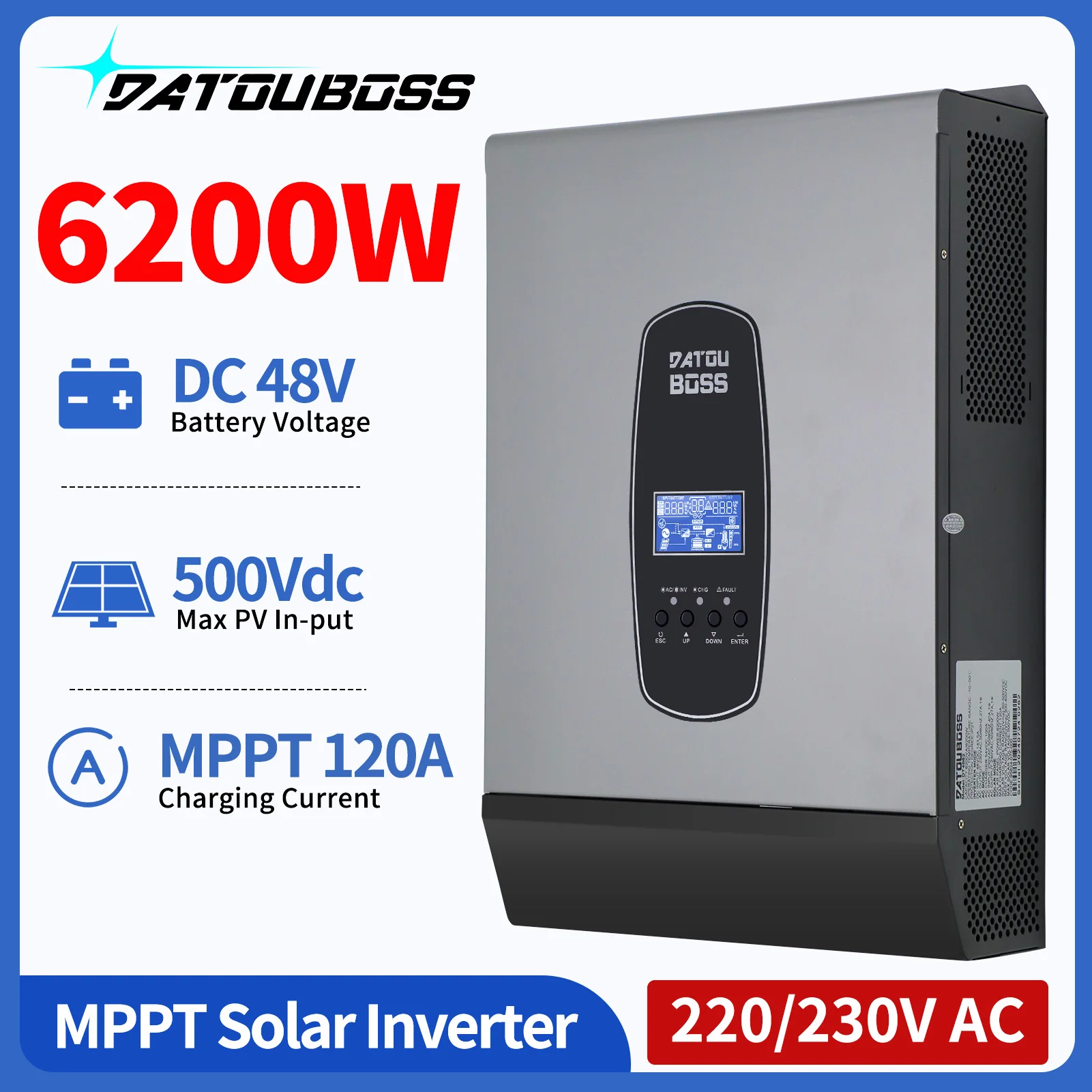 6.2KW Hybrid Solar Inverters DC 48V To 230V AC Pure Sine Wave Off Grid DATOU BOSS MPPT 120A Solar Charge Controller For LiFePo4