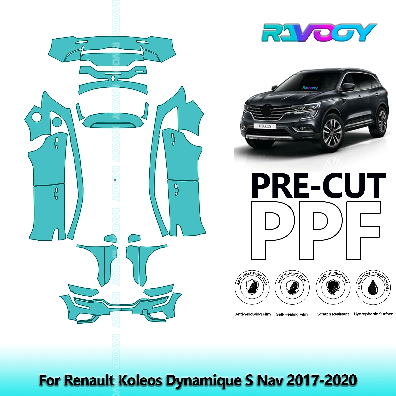 RAVOOY Custom-Fit Precut TPU PPF Full Vehicle Clear Bra Stone Guard EU UK For Renault Koleos Dynamique S Nav 2017-2020