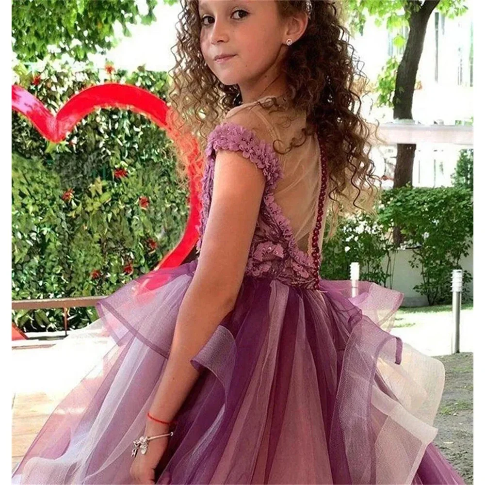 Elegant Purple Flower Girls Dresses For Wedding Princess Tulle Ruffles Floral Appliques First Communion Gown