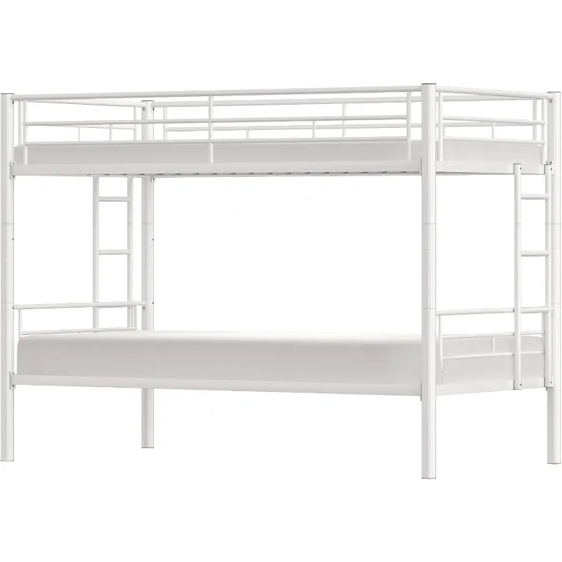 Metal Bunk Bed Twin Over Twin with Ladder and Full-Length Guardrail, Noise Free, No Box Spring Needed, Off White