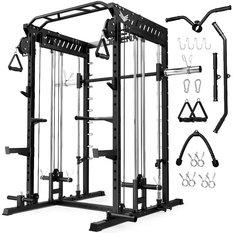 M21 Smith Machine, Multi-Function Power Cage with Dual Pulley Cable Crossover System, 2000LBS All-in-One Squat Rack