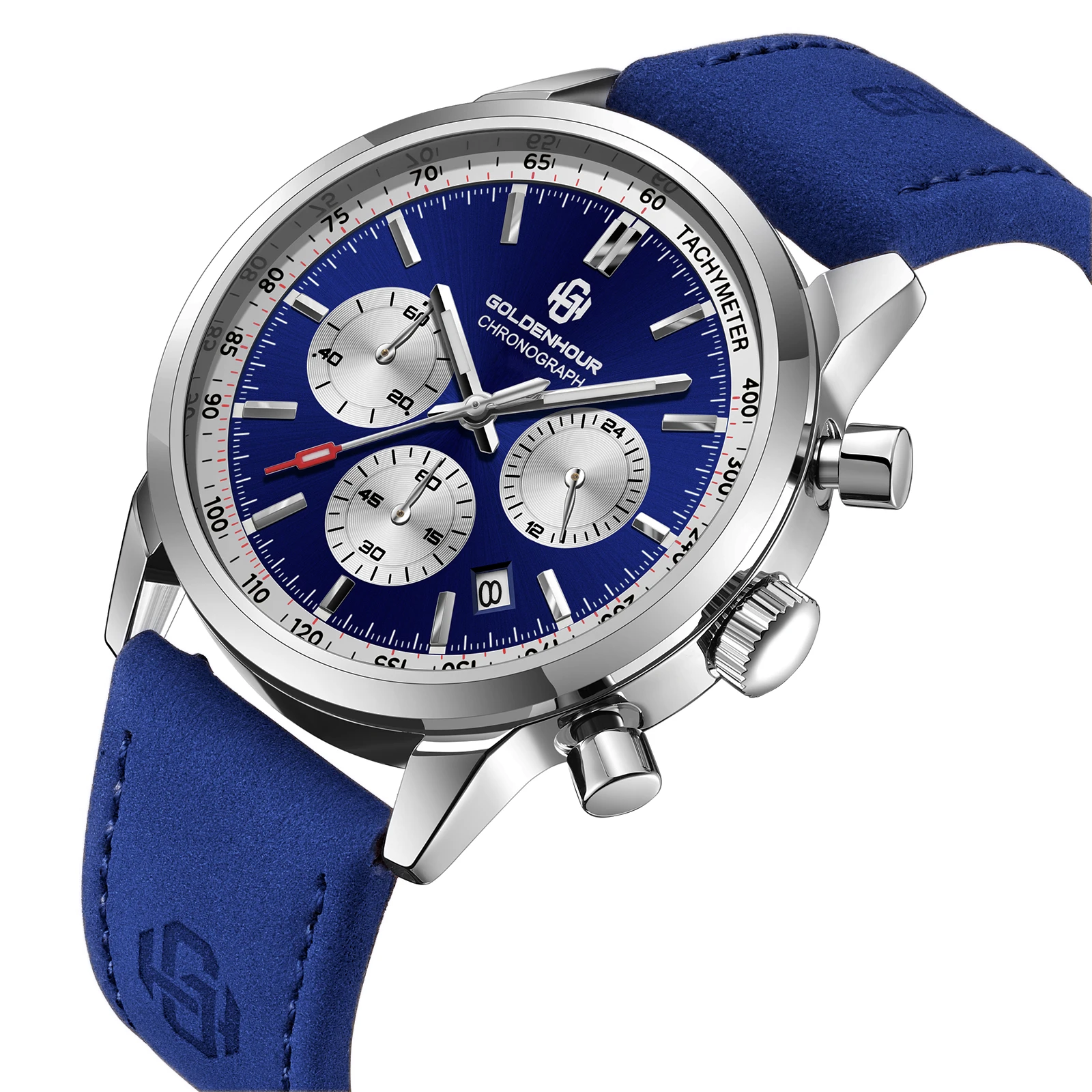 GOLDENHOUR Luxus Herrenuhr Blaues Zifferblatt Goldgehäuse Lederarmband Chronograph Quarz Wasserdicht Sportuhr Männlich Relogio Masculino
